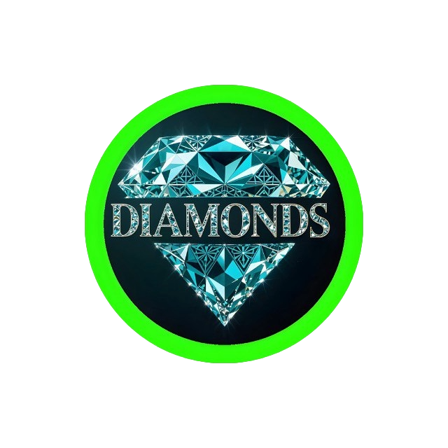 DIAMONDS logo — faceted blue diamond with a silver DIAMONDS wordmark, enclosed by a green ring